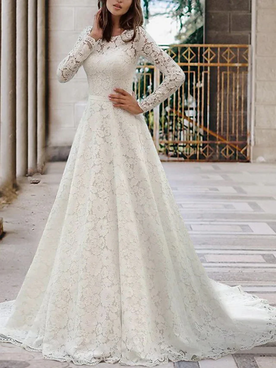 Romantic Wedding Dress Exquisite Big Lace Floor Length Sexy Illusion Full Sleeve Bridal Court Train A-Line Dresses For Women