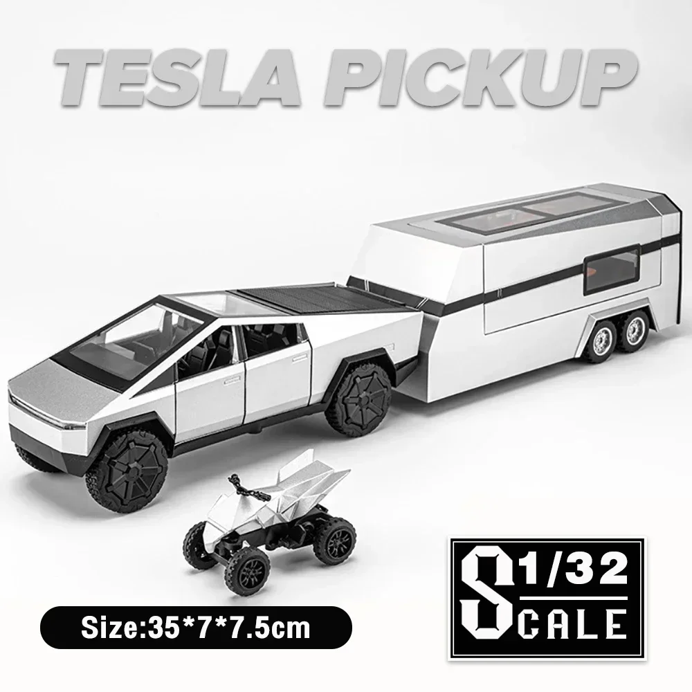 1:32 Tesla Cybertruck Pickup RV Trailer With Motorcycle Diecast Metal Model Toy Vehicle Sound and Light for Kids Boys Collection