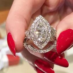 Huitan Marquise Cubic Zirconia Set Rings for Women Luxury Wedding Engagement Accessories Anniversary Party Elegant Lady Jewelry