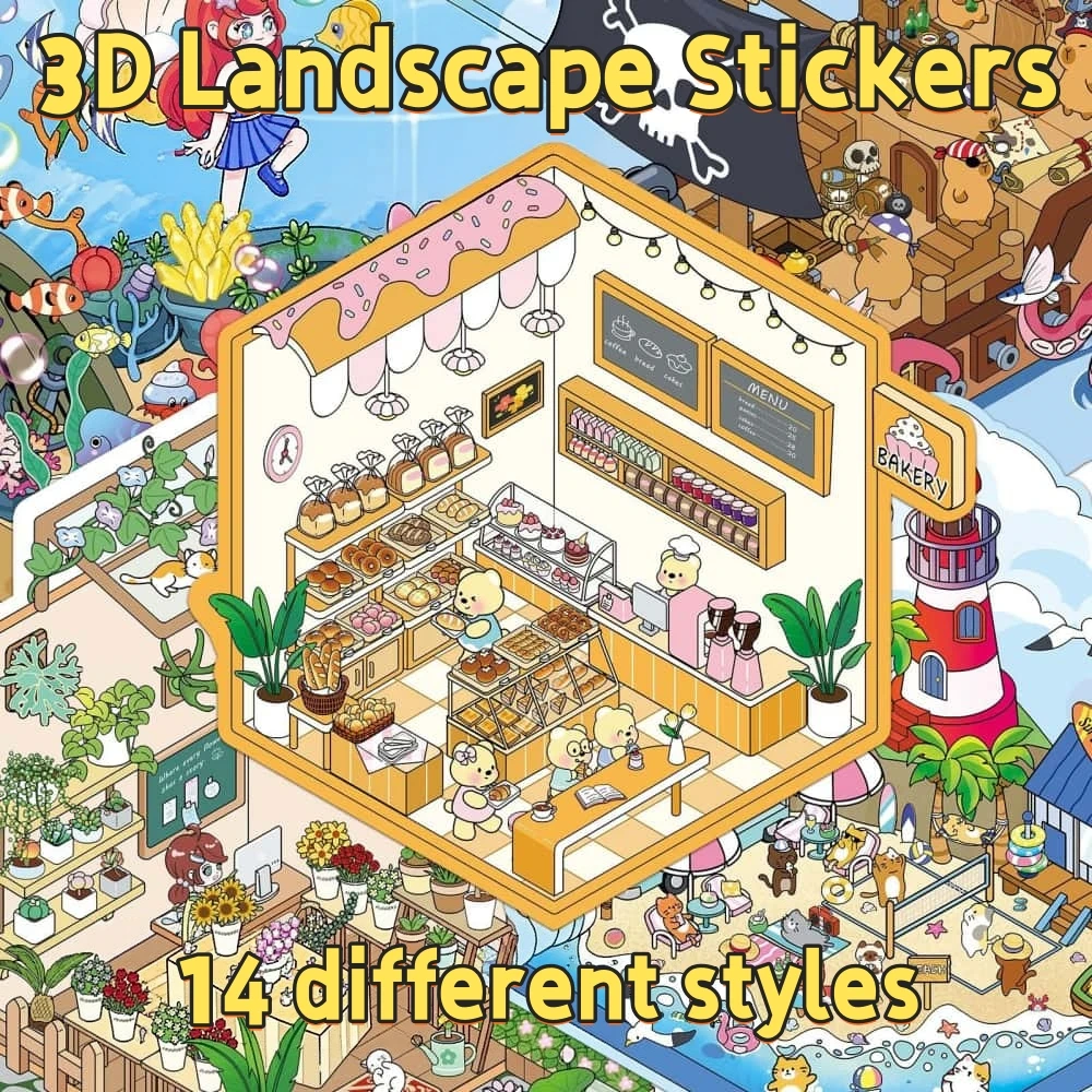 PET Landscape Sticker Book Cute Japanese Cartoon Pattern Stationery Decorative Stickers Kid DIY Toy Stickers 14 Different Styles