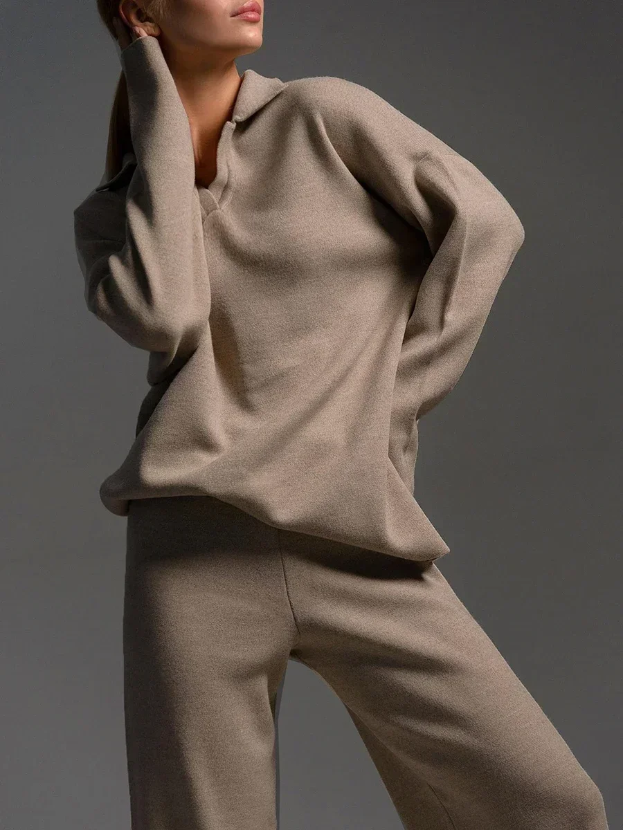 Thick Soft Knitted Polo Neck Sweater Wide Leg Pants Set Women Winter Two Piece Outfit
