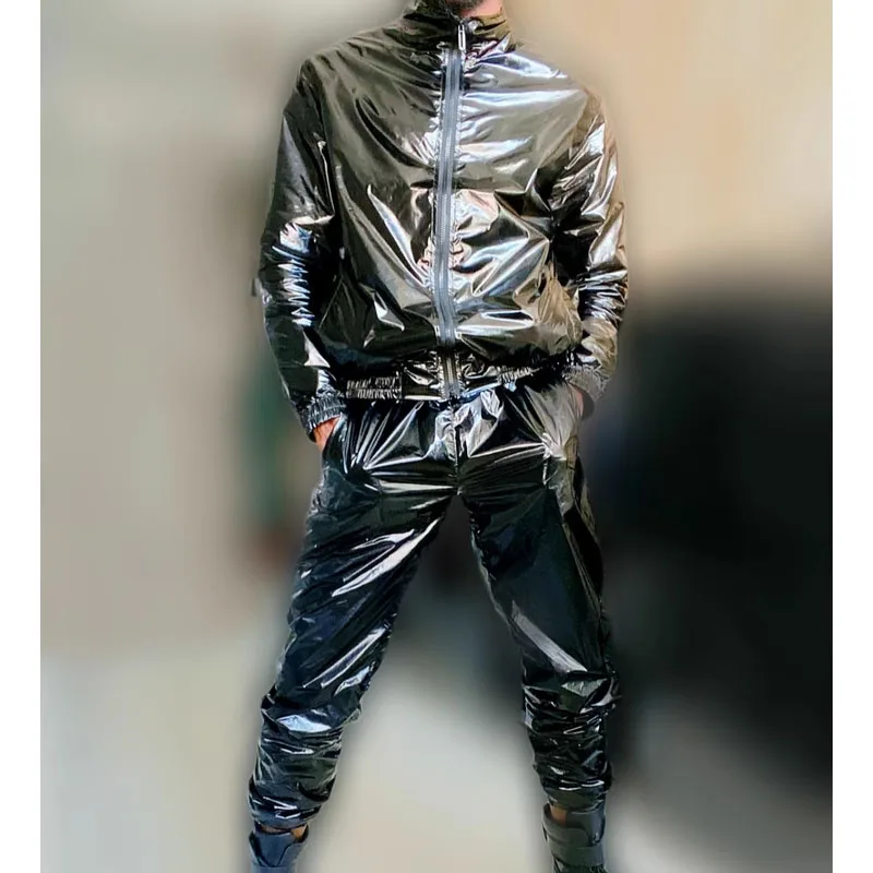

Men Metallic Glossy Baseball Jacket Night Club Hip-Hop Dance Coat Motorcycle Black Straight Clubwear DJ Singer Shiny Windbreaker