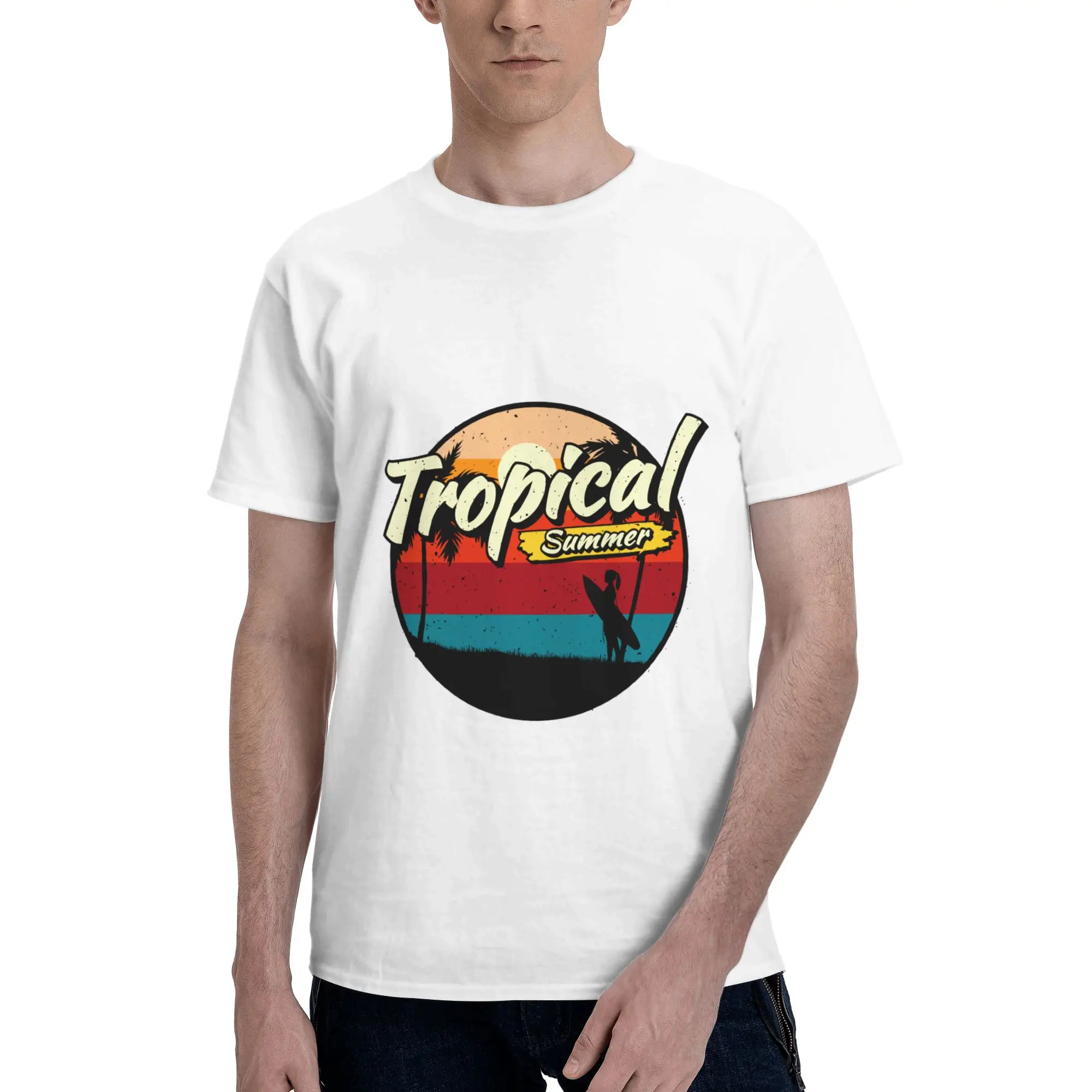 Tropical Summer Sunset Print Men T-Shirt Clothes  Tee Shirt Short Sleeve fugees 100% Cotton