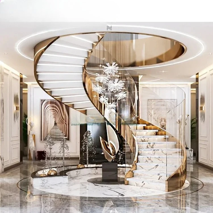 Interior Modern Wooden Tread Glass Balustrade Steel Curved Glass Stairs Home Stairs For Sale