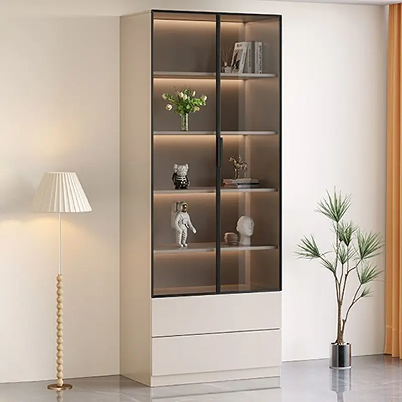 Muebles Modernos de Madera para Sala de Estar, Librero Móvil, Armarios de Almacenamiento, Estantería para Libros, Vinoteca con Puerta de Vidrio, Estante para Libros