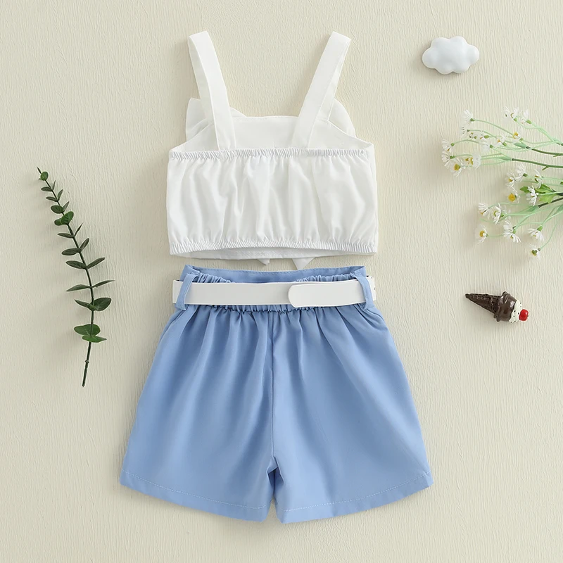 Toddler Little Girl Shorts Set Bow Spaghetti Strap Tops Split Hem Skorts with Belt 2 Piece Summer Outfit