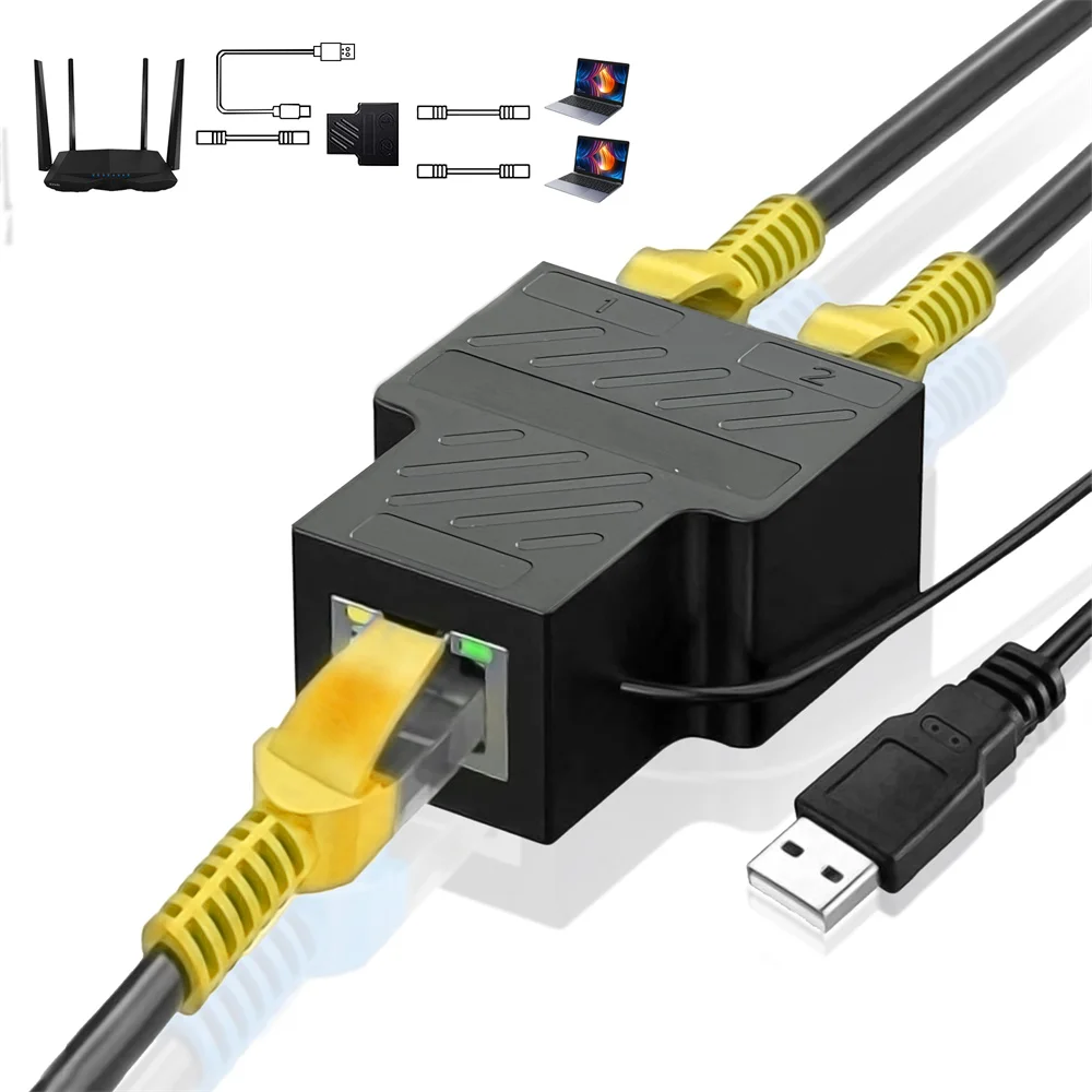 100Mbps RJ45 Ethernet Splitter 1 to 2 Network Extension with USB Power Cable 8P8C LAN Interface Internet Splitter Connector