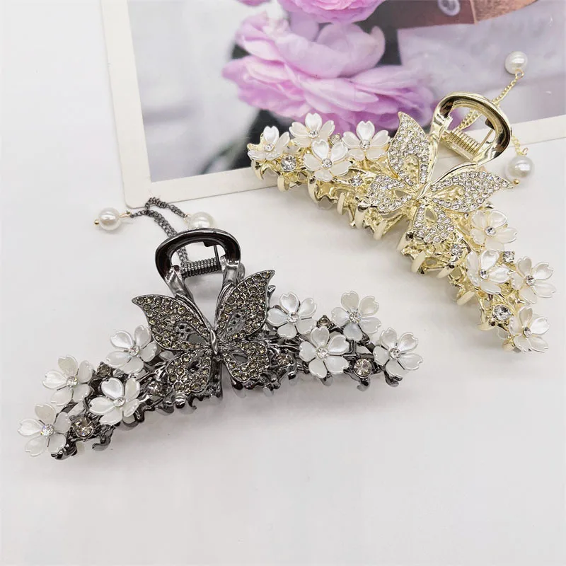 

1 шт., новая корейская версия, большой сплав, цветок, бахрома, стразы, коготь, зажим для женщин, заколка в виде акулы, аксессуары для волос