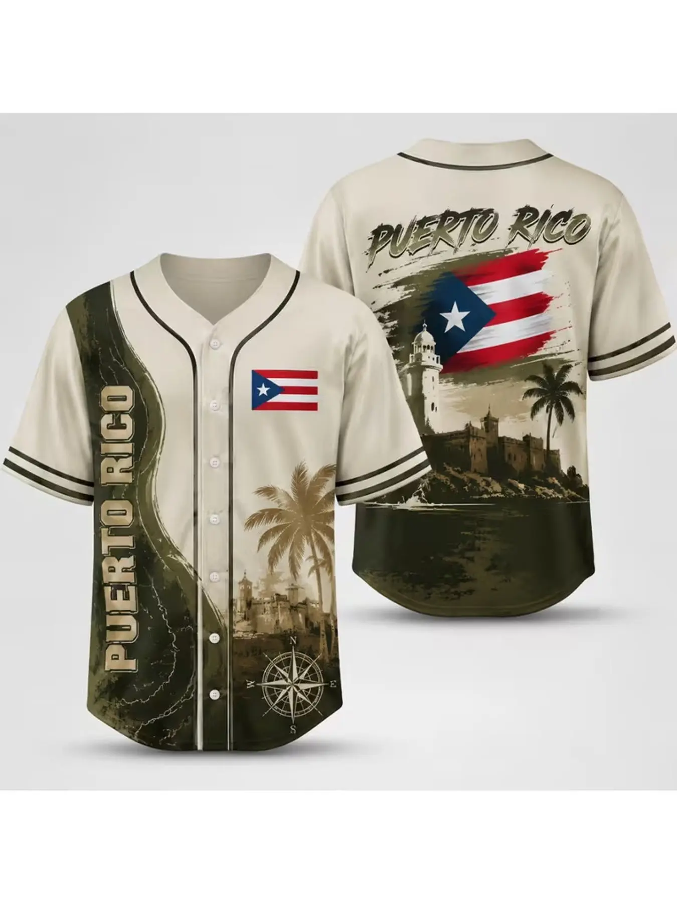 Customization Men'S Fashion Casual Street Style Puerto Rico Flag Castle Lighthouse Palm Island Graphic Baseball Jersey Adult Mal