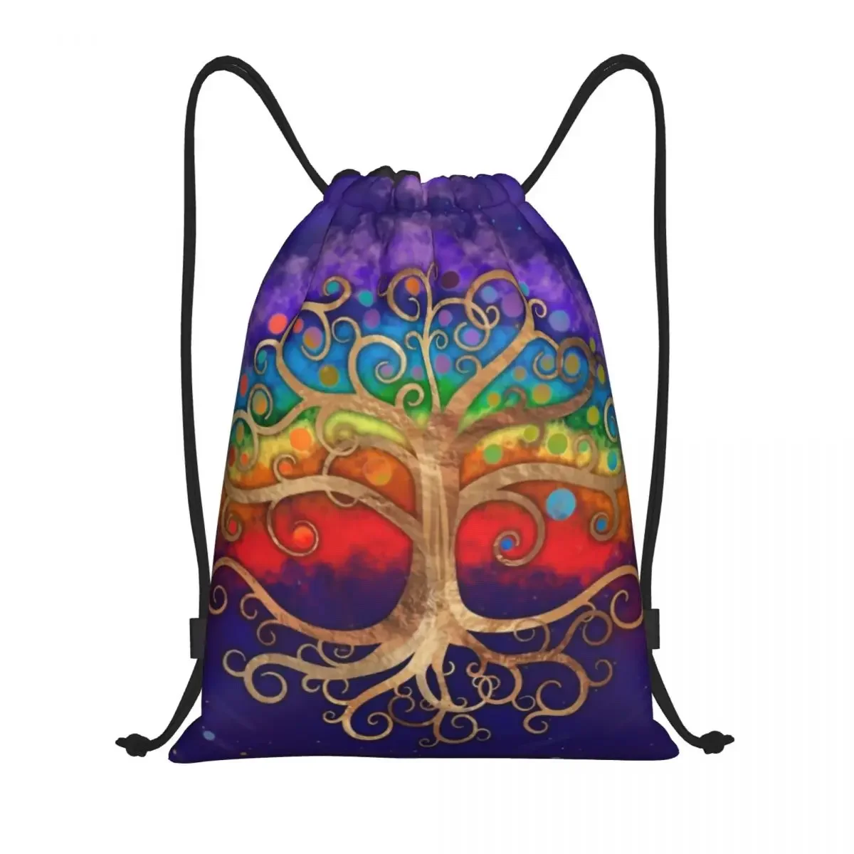 Mochila de cordão Tree of Life para homens e mulheres, bolsa esportiva, redemoinho dourado e arco-íris, pacote de compras Vikings