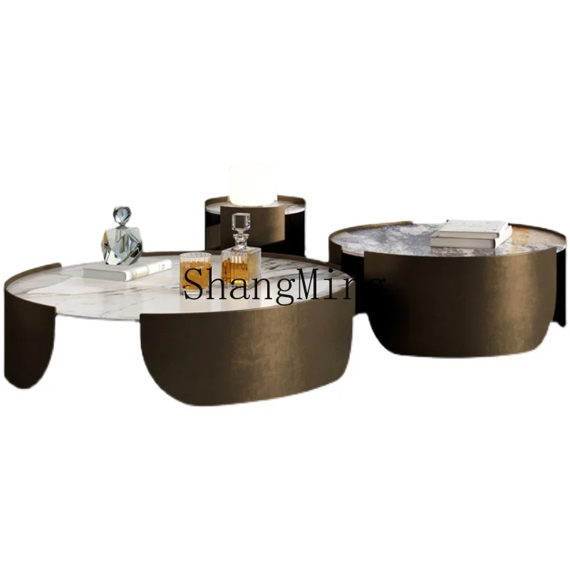

DHY light luxury round minimalist rock slab coffee table combination modern simple living room marble