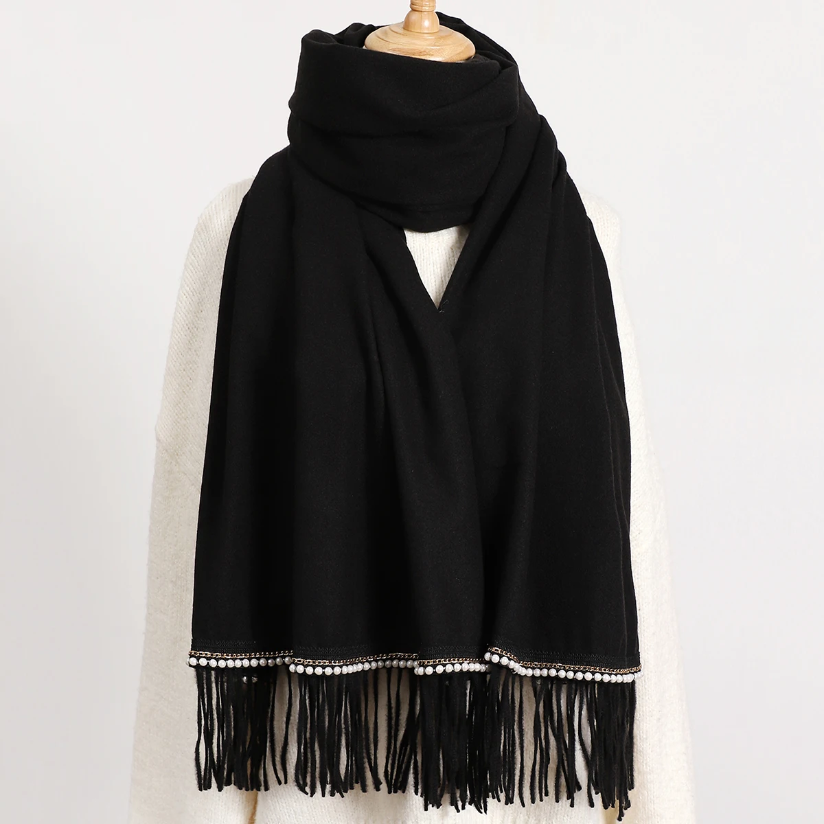 

Однотонный женский зимний шарф с жемчужным краем, теплая утолщенная кашемировая шаль, роскошные женские ветрозащитные шарфы из пашмины с кисточками