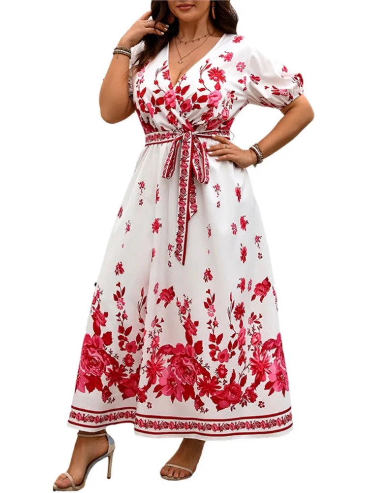 Plus Size Summer New V-Neck Long Dress Women Flower Floral Modis Lantern Sleeve Ladies Dresses Loose Ruffle Pleated Woman Dress