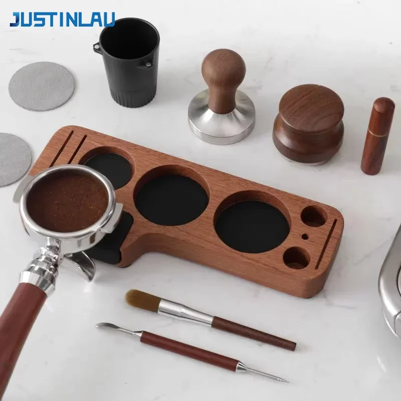 JUSTINLAU Coffee Tamper Mat Station Stand Wooden Coffee Lever Tools Organizer Multifunctional Portafilter Dispenser Holder Base