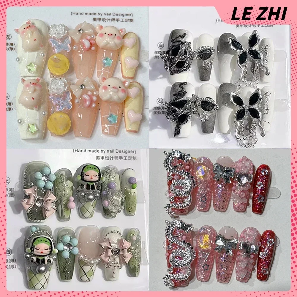 

Kawaii Chinese Style 3D Bear Handmade False Nails Sparkling Pearl Rhinestone Bow Rose Press On Nail Tips Party Stickers