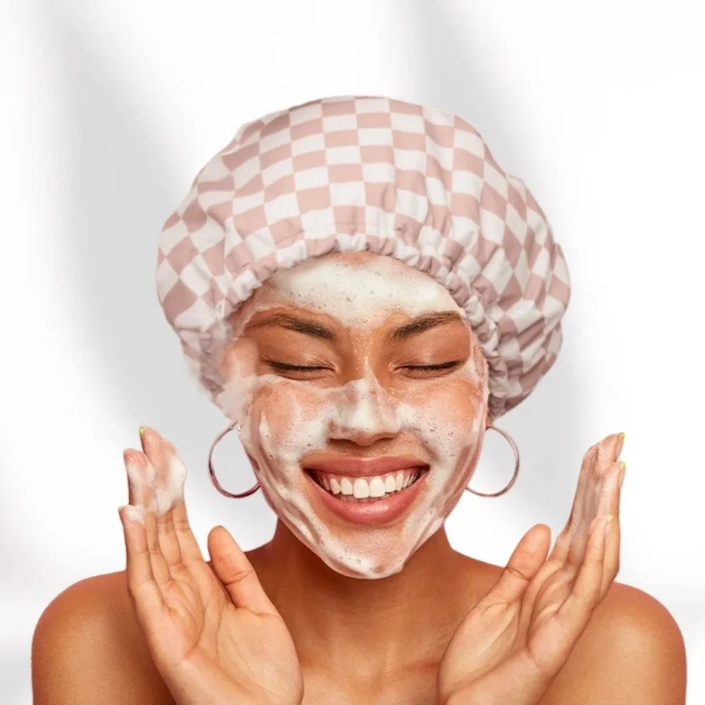 

Creative High-end Waterproof Shower Cap for Adults Double-layer Luxury Bath Caps Plaid Reusable Hair Care Caps Long Curly Hair