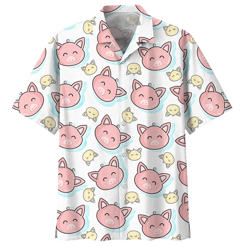 Cartoon Pig Pattern Hawaiian Shirts for Children Short Sleeve Kids Summer Clothes Lapel Shirts Street Girl Blouses Button Tops