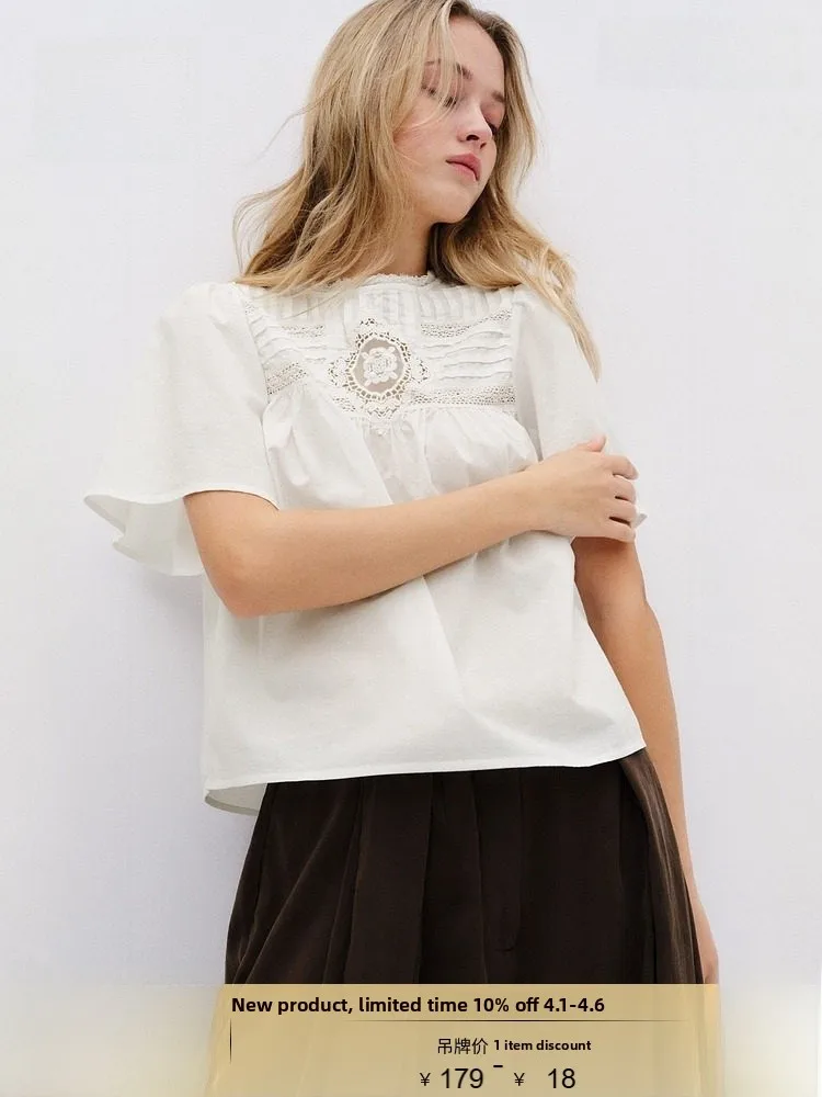 

Spring New Women's Embroidered Cotton Hollow out Top Retro Sle Fitted round Ne ort Sve round Ne Cotton irt