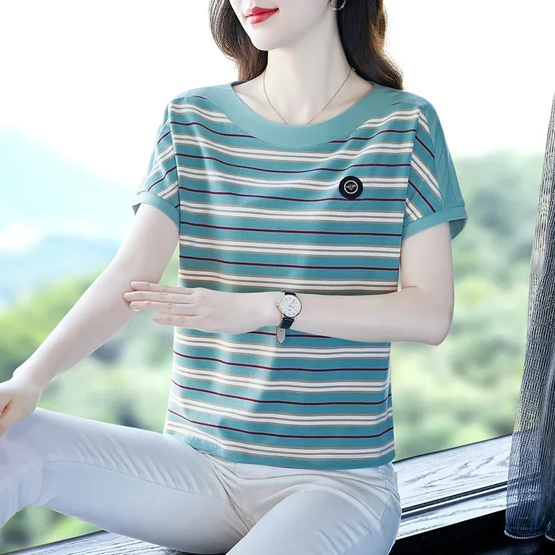 

Moeroshe Cotton T-shirt Women's Summer Loose New Short Sleeve Middle-aged Mom Fashion Age-reducing Striped Top