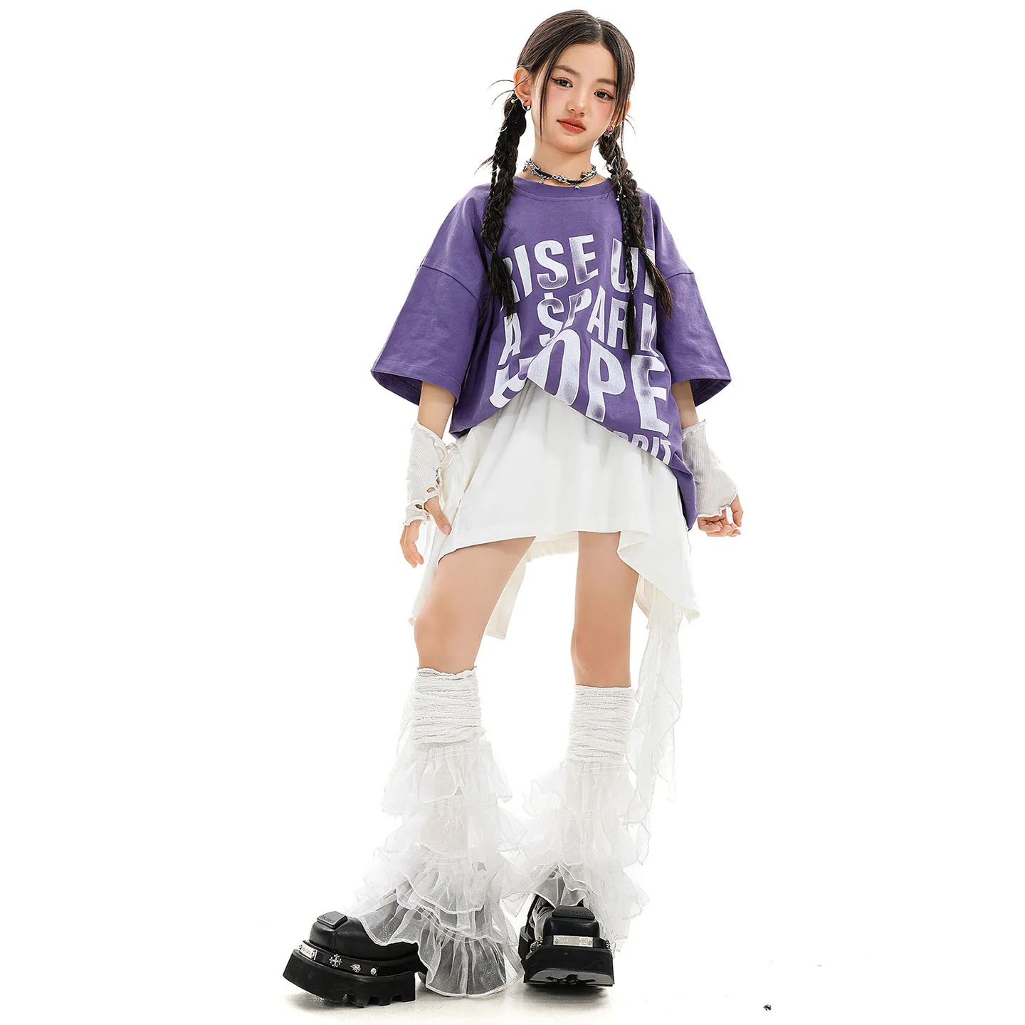 Criança kpop hip hop roupas letras roxas t camisa topo branco rua rendas cinta mini saia para menina jazz dança wear traje roupas