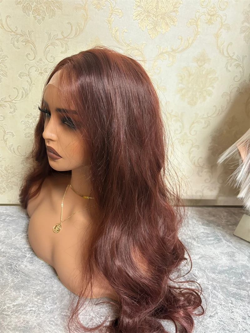 Peruca dianteira sintética ondulada do laço do corpo longo para mulheres, cabelo castanho, linha fina natural, cosplay frontal perucas