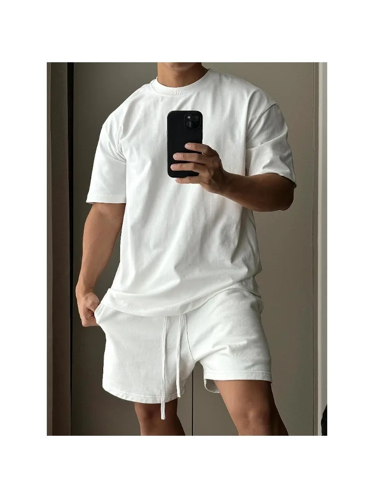 Set van puur katoenen shorts met korte mouwen voor heren, trendy Europees en Amerikaans high street los sport- en vrijetijds-T-shirt - afbeelding 2