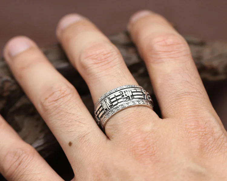 Vintage Chinese Style Personalized Rotation Vintage Six Character True Words Thai Silver Ring Men's Ring Wide Face Sterling Silv