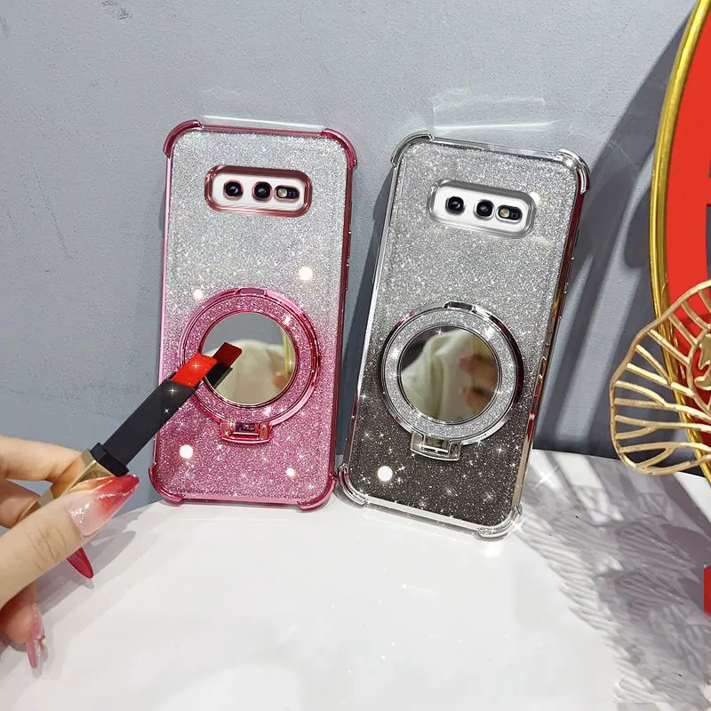 Glitter Four-Corner Shockproof Phone Case with Mirror Stand Beaded Strap For Samsung For Galaxy S10e S10 Lite 4G Back Cover Case