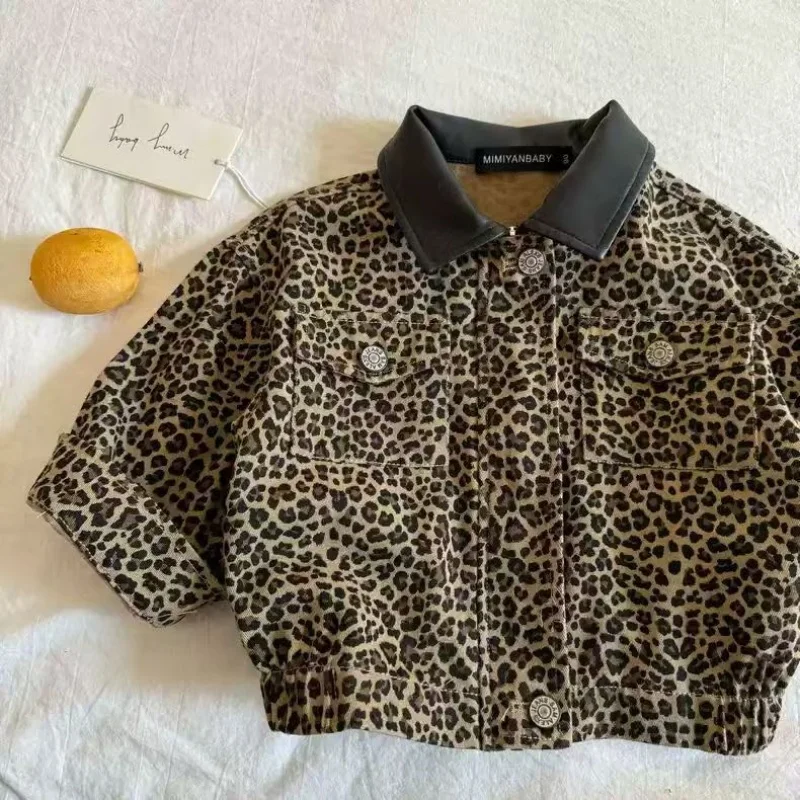 

2025 Spring Autumn Children's Casual Long-sleeved Jacket Boys Korean Leopard Print Jacket Girls Leopard Pocket Top 2-8 YY