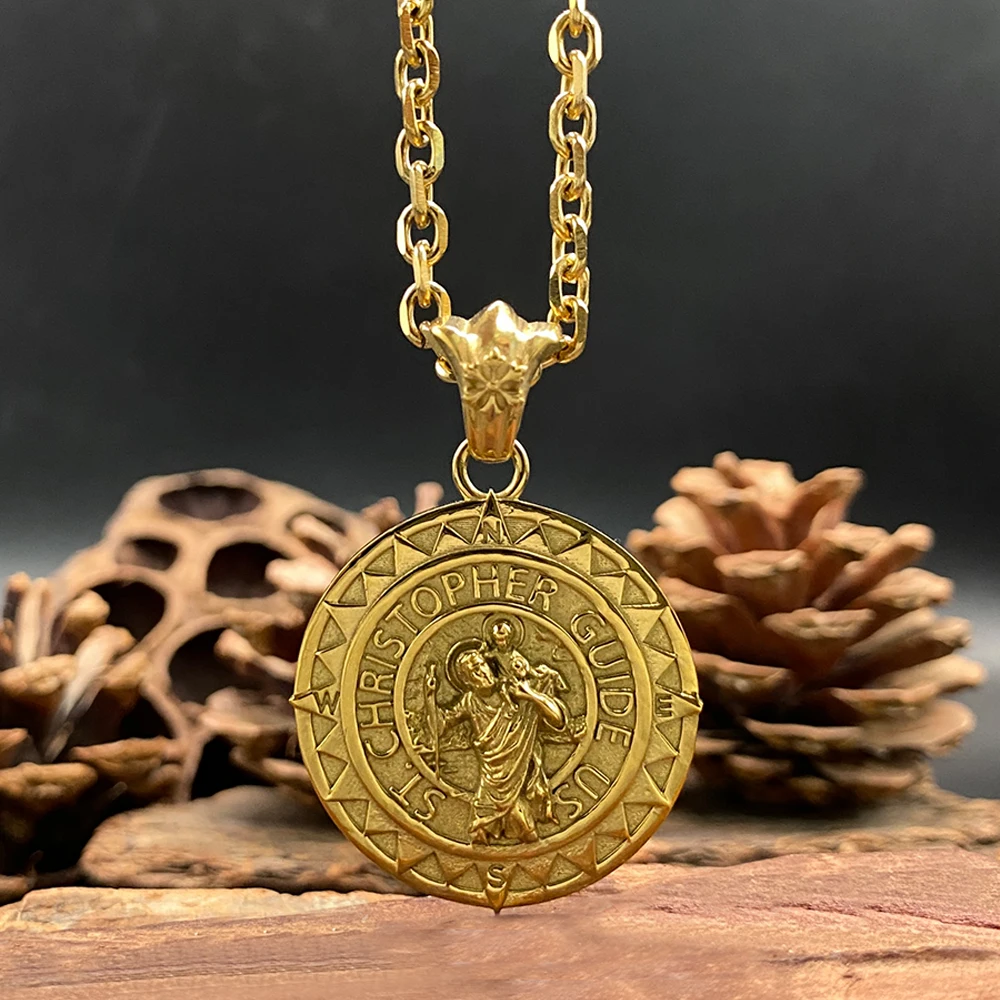 Men's St Christopher Necklace Gold Plated Stainless Steel Religious Medal Pendant Travel Protection Gift