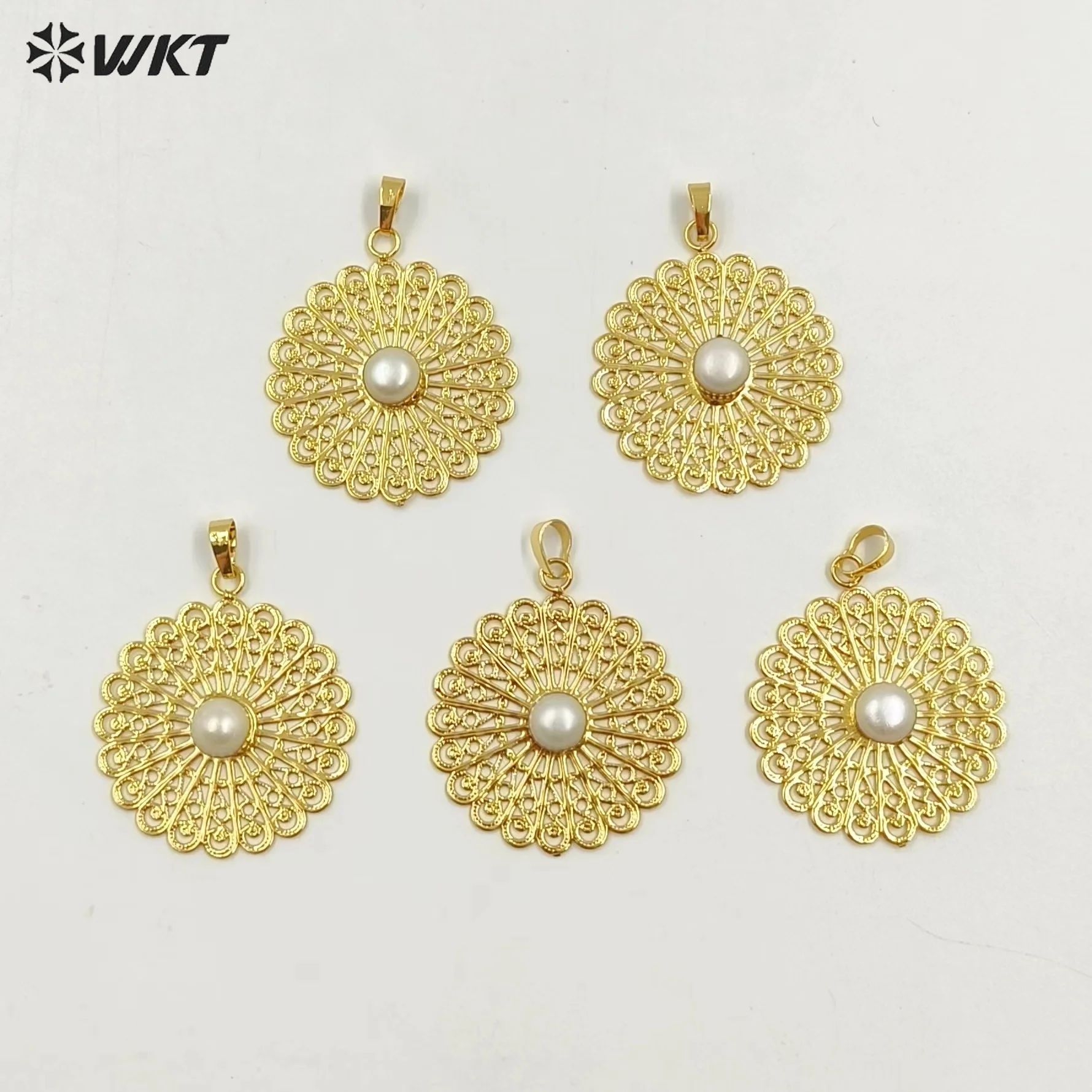 WT-JP364 Beautiful Unique Flower Shape With Pearl In Yellow Brass Pendant For Women Necklace Or Earring Jewelry Finding view 5