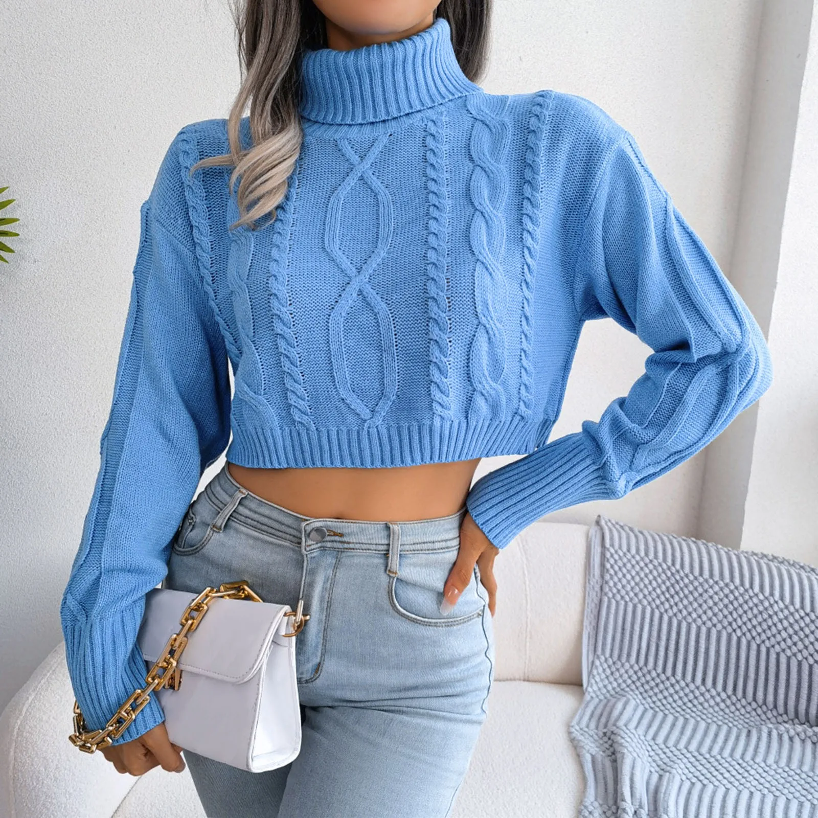 Twist Knit Crop Sweater Women Pullovers Autumn Winter Fashion Long Sleeve Fried Dough Twisted Turtleneck Pullover Female Jumpers