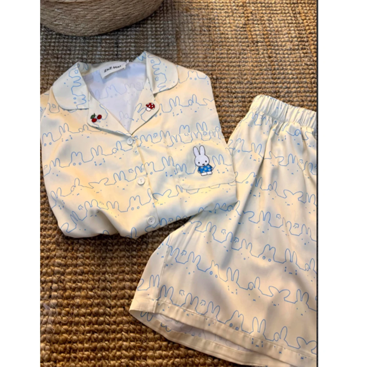 

Miffy Cute Cartoon Girl Style High Beauty Light Blue Ice Silk Short sleeved Pajamas Summer Season Cartoon Home Clothes Set