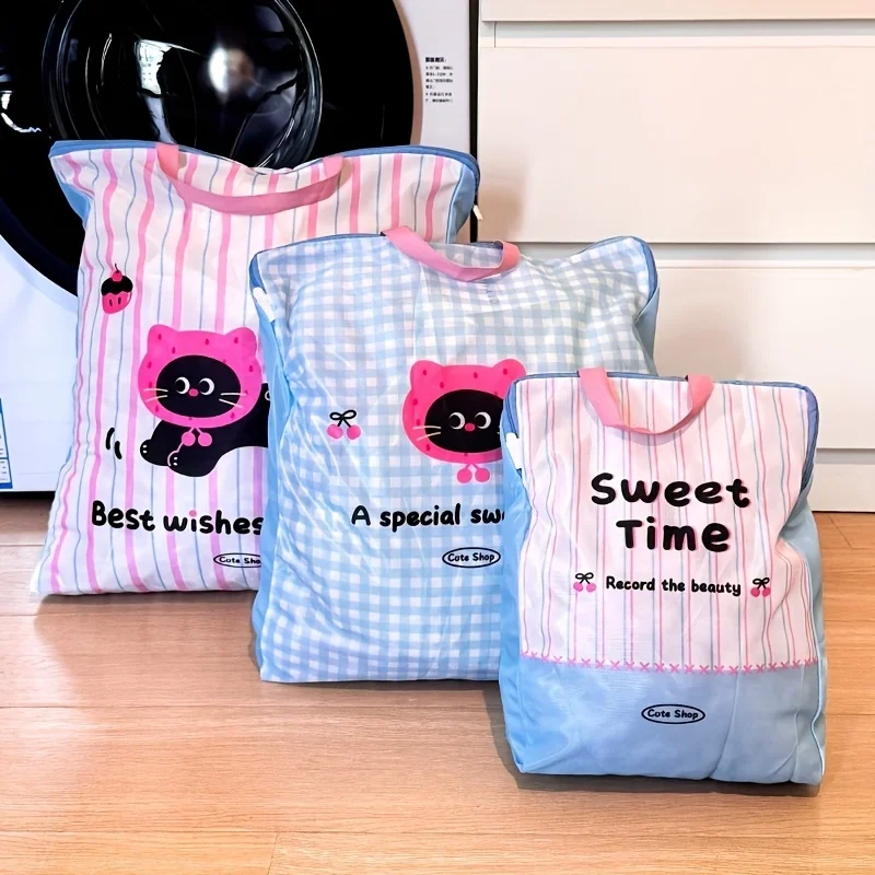 Cute Cat Panda Laundry Bag, Durable Polyester Zippered Hamper for Home Travel Clothes Socks Storage