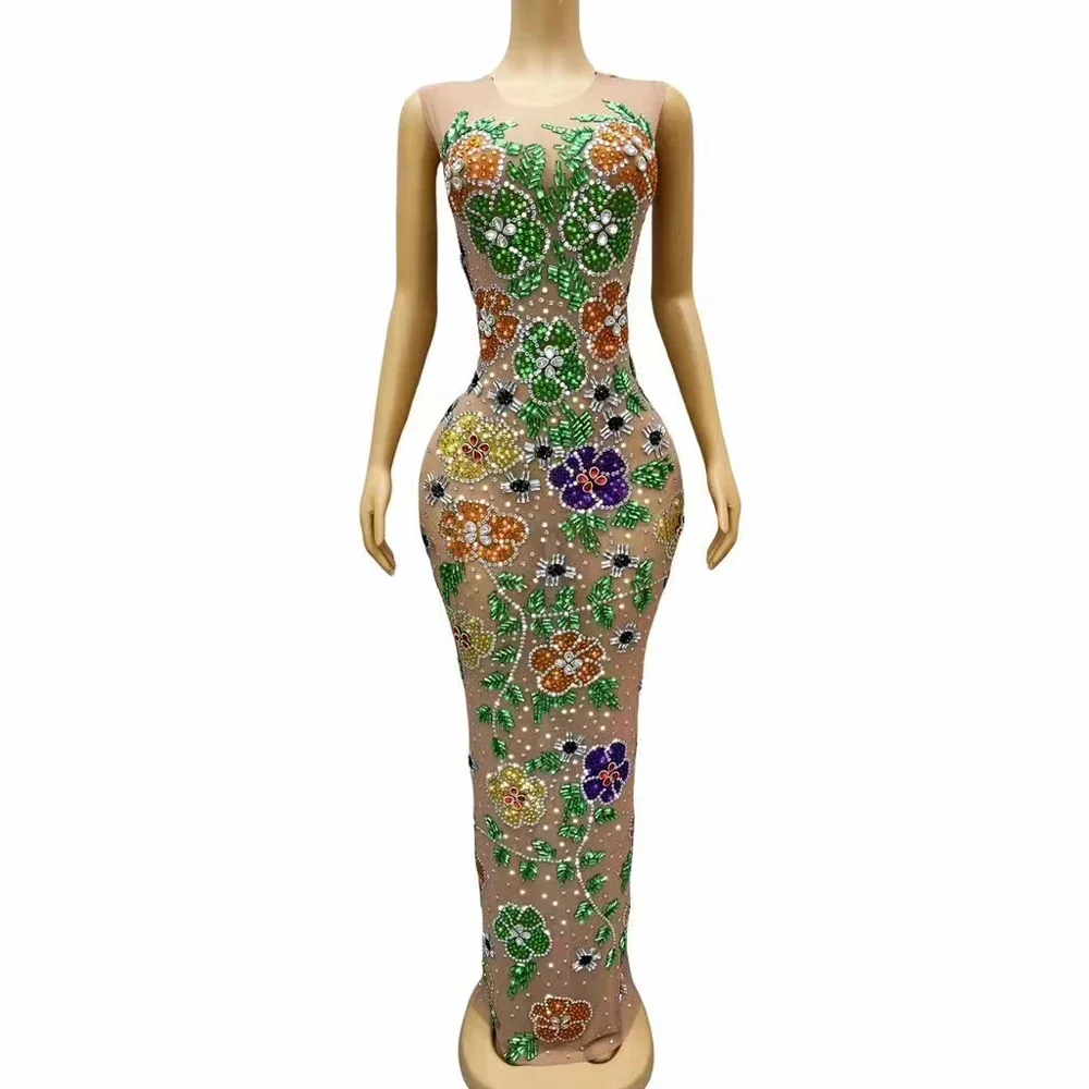 Women Birthday Evening Red Carpet Gown Stretchy Costume Sexy Special Designed Shining Colourful Rhinestones Flowers Mesh Dress