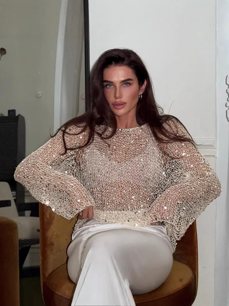 

Fashion Women's Sequins Knit Hollow Out Pullovers Loose O-neck Long Sleeve Female Sweaters 2025 Spring Lady Shinny Chic Shirts