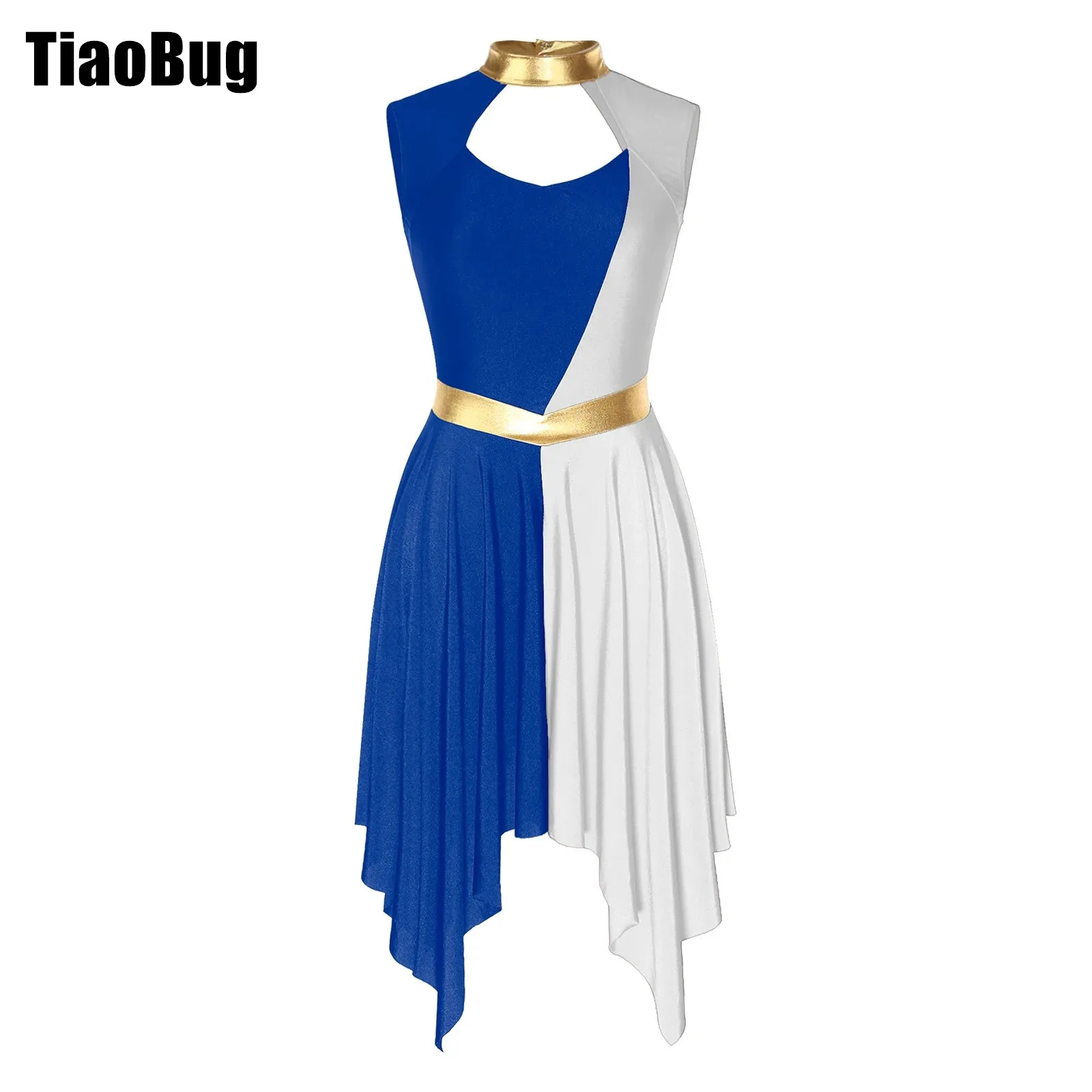 

Womens Patchwork Dance Dress Color Block Cutout Sleeveless Irregular Hem Dresses Church Worship Stage Performance Costume