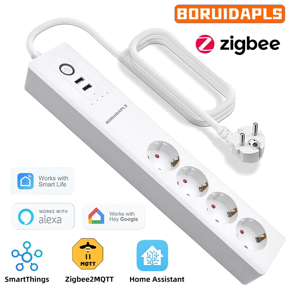 

BORUIDAPLS EU Zigbee Smart Power Board Independent Control Timing Voice Socket Plug 220V Works With Google Home Alexa H-ue 16A