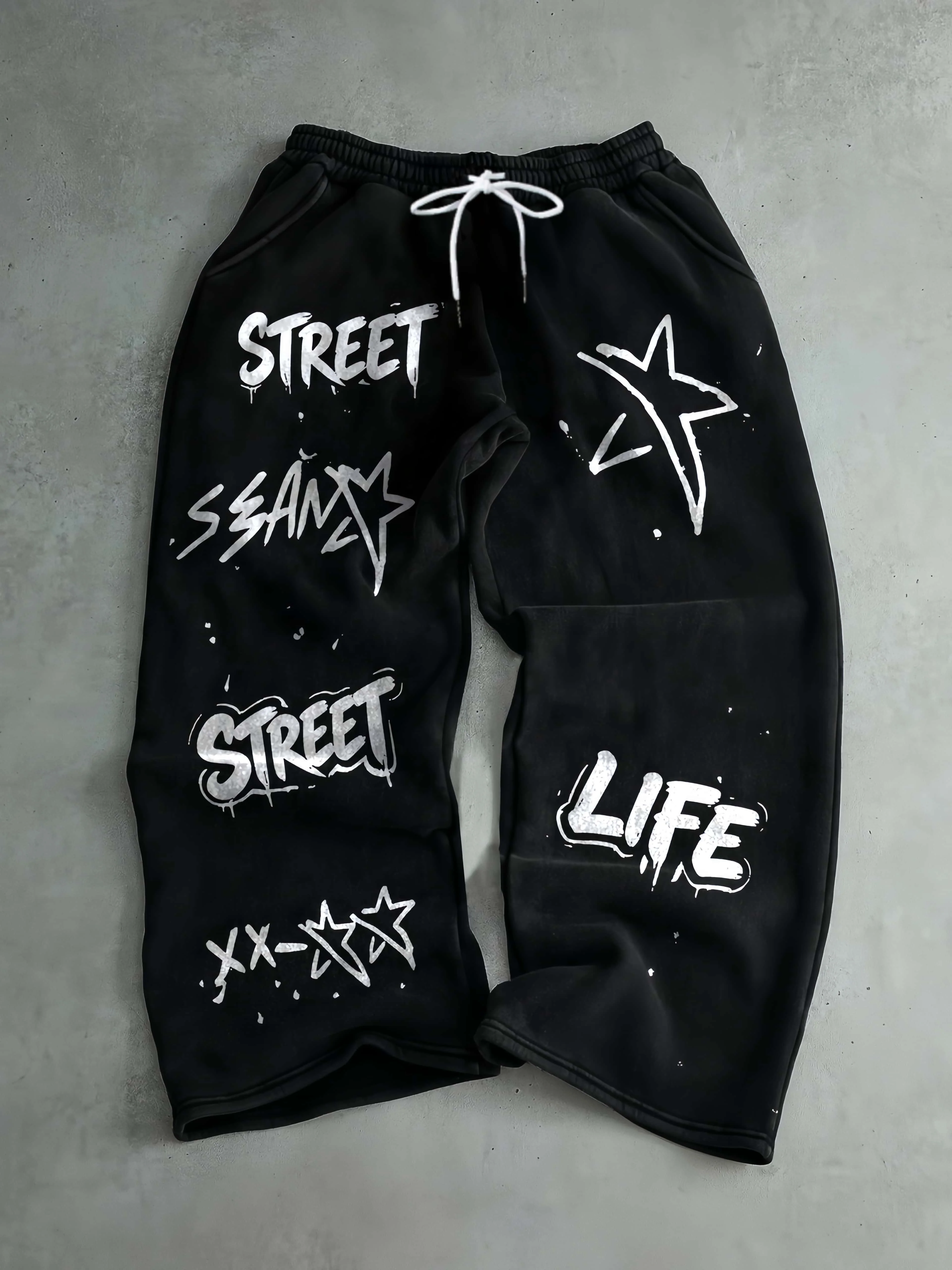 Y2K American Street Trendy Pants Graffiti Star Letter Printed Elastic Drawstring Loose Drop Hip Hop Style Wide Leg Pants