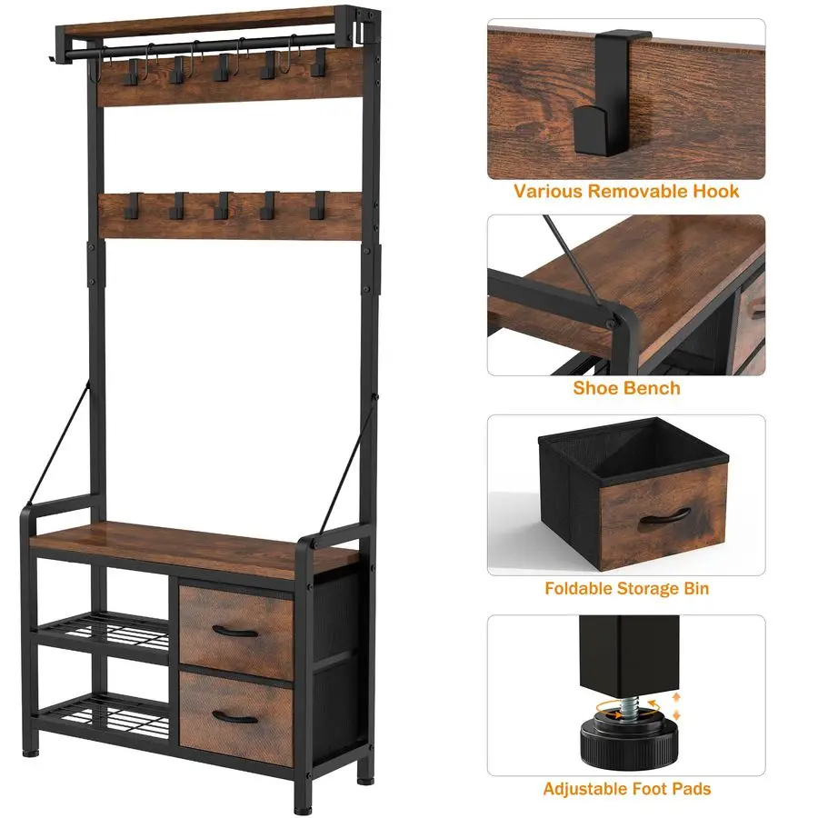 Hall Tree, 31.5 Entryway Bench with Coat Rack freestanding, 5 in 1 Intelligent Design Shoe Bench and Wall Rack 17 Hooks and Draw
