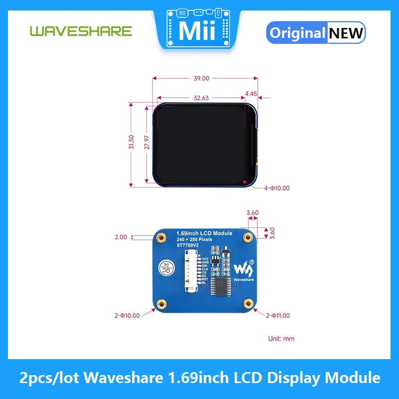 Waveshare-Módulo de Display LCD para Raspberry Pi, Interface SPI, IPS, Resolução 240 × 280, 1.69in, 2 PCs/Lot