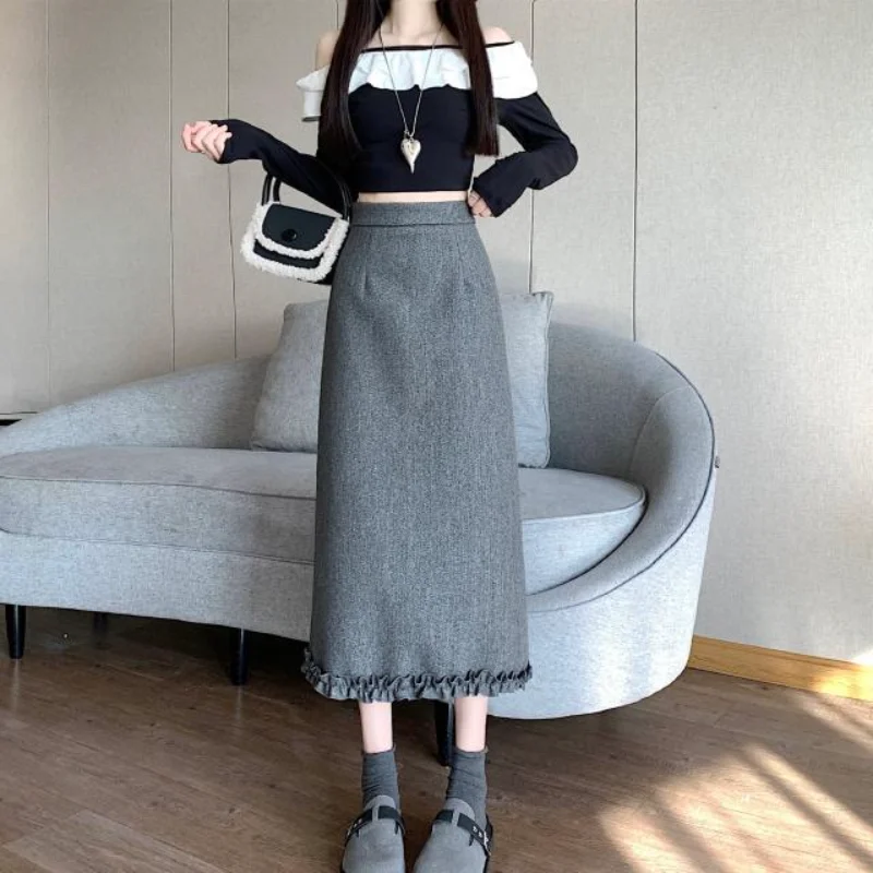 

Grey Woolen Skirt for Women in Autumn and Winter High Waist Versatile, Slim Fit and Slimming Split A-line Hip Hugging Long Skirt