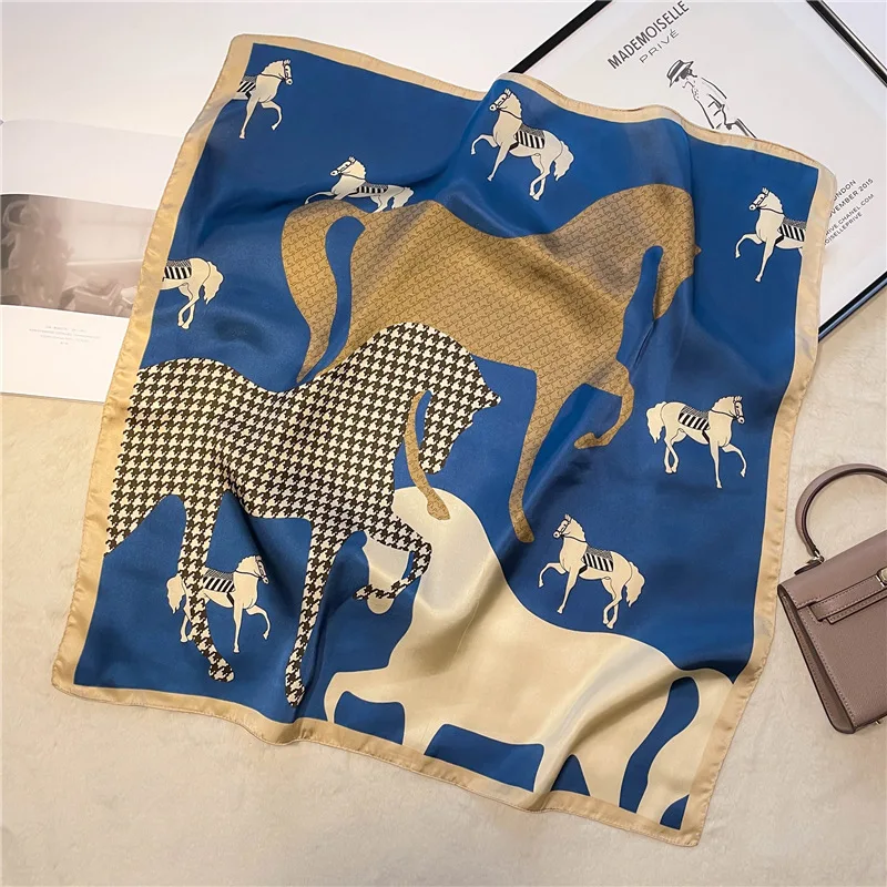 

Luxury Brand Print Square Scarf Women Soft Satin Horse Hairband Neckerchief Office Hijab Headband Foulard Bag Ribbons Gift
