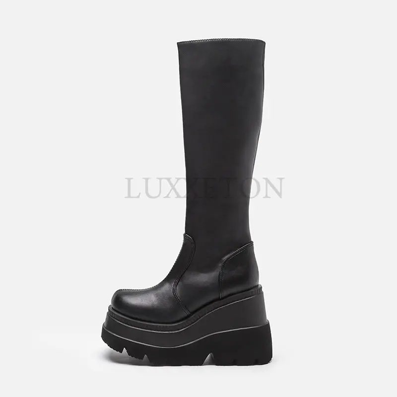 Women Leather Shoes Spring Winter High Platform Heels Elasticity Motorcycles Black Boots Goth Zip Women's  Knee Boots