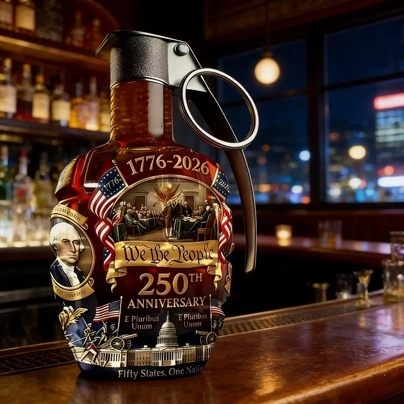

USA 250th Anniversary Grenade Whiskey Decanter Patriotic Glass Bottle