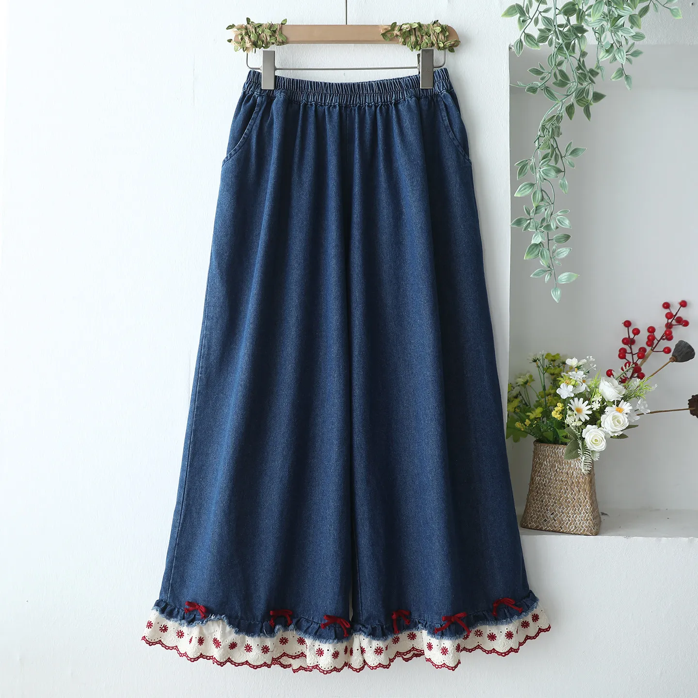 

Japanese Sweet Mori Girl Lace Embroidery Bow Denim Wide Leg Pants Women Spring Summer Elastic Waist Casual Loose Straight Jeans
