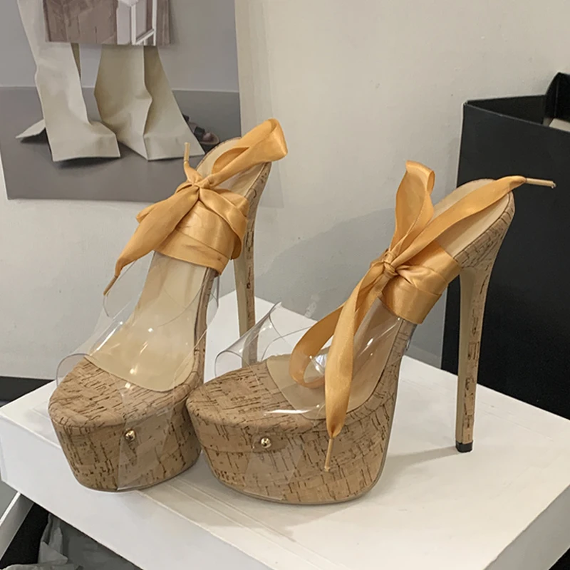

Liyke New Sexy Yellow Silk Ankle Strap Platform Sandals Women 16CM Transparent Shoes Stiletto Peep Toe Party Club Stripper Heels