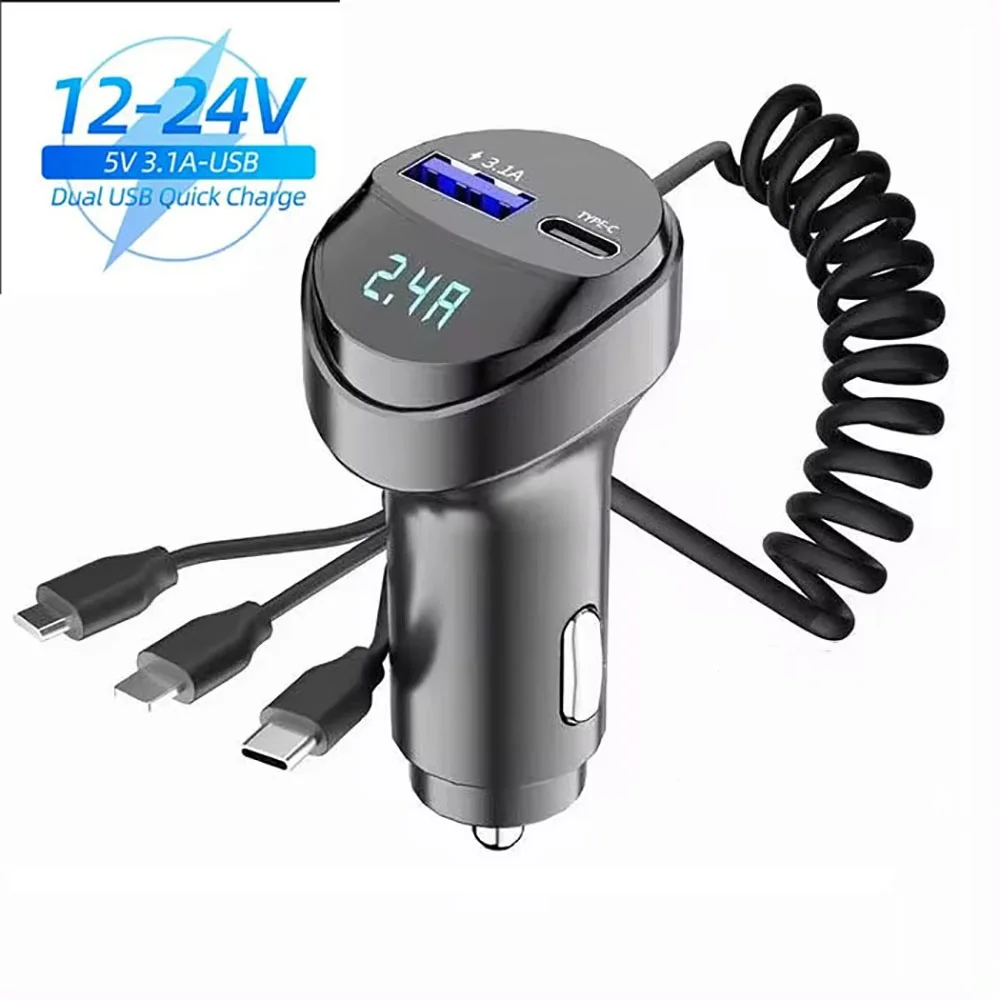 Car Adapter Charger Fast Charging 55W Multi-function 2 Ports Three In One USB Retractable Charging Cable with Voltage Display