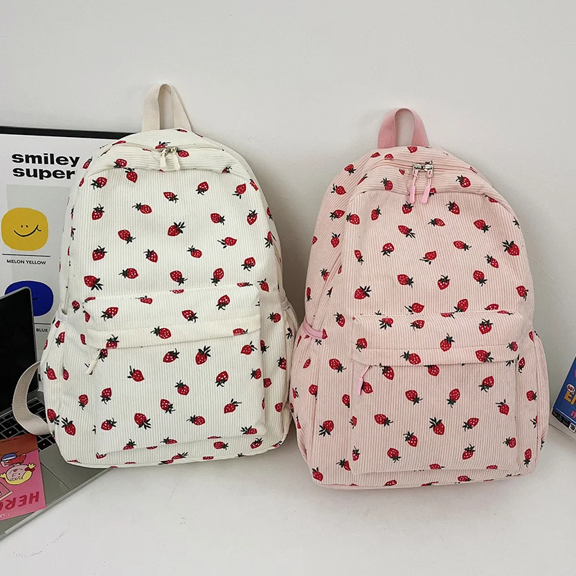 Sweet Corduroy Strawberry Backpacks Casual Travel Rucksack Large Capacity Daily Knapsack Japanese Aesthetic Students School Bag