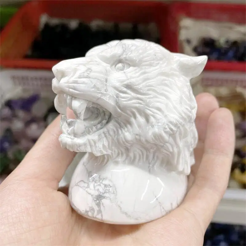 Natural Howlite Stone Tiger Head Carved Quartz Crystal Figurine Crystals And Stones Healing Ornament Room Decor 1pcs